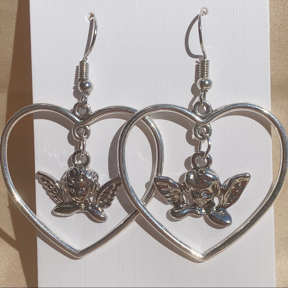 Heart Hoops with Dangling Angel Charms